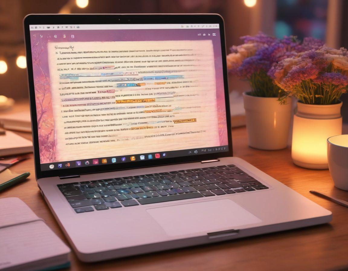 A cozy digital diary scene featuring an open laptop with a glowing screen displaying heartfelt words, surrounded by diverse hands writing in journals, symbolizing connection. In the background, a vibrant community of people sharing thoughts and ideas, with soft pastel colors enhancing the warmth of unity. super-realistic. vibrant colors. warm atmosphere.