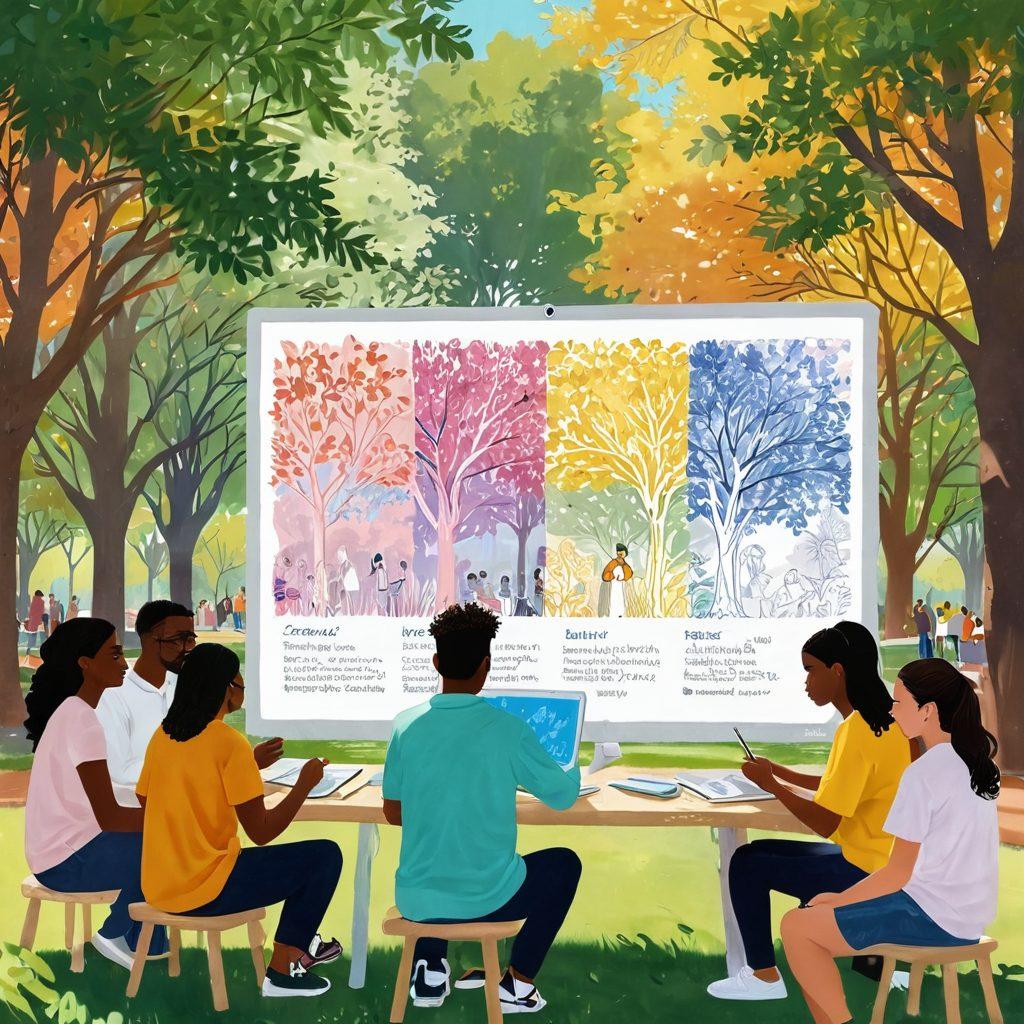A diverse group of people gathered around a vibrant digital screen, collaboratively writing and sharing ideas for a digital diary. The background features a serene park setting with trees and sunlight filtering through, symbolizing unity and creativity. Each individual showcases different cultural backgrounds, highlighting inclusivity and collaboration. Soft pastel colors give a warm and inviting feel to the scene. painting. vibrant colors.