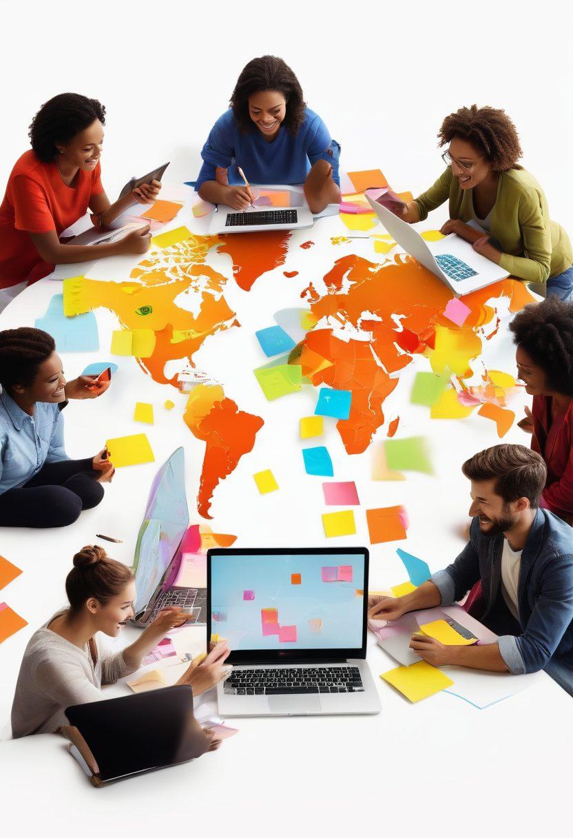 A vibrant digital collage showcasing a diverse group of people joyfully collaborating at laptops and tablets, surrounded by colorful sticky notes and a glowing world map connecting various locations. Include elements representing creativity, like paintbrushes, musical notes, and speech bubbles filled with ideas. A warm, inviting atmosphere that embodies community and connection. super-realistic. vibrant colors. white background.